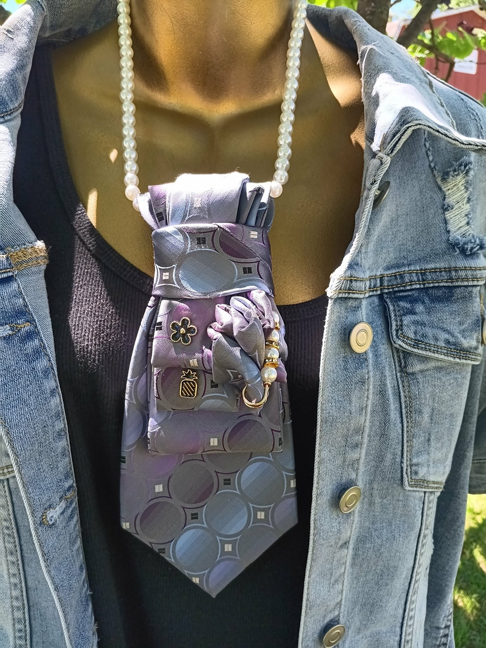 Purple Geometric Necktie Necklace with Pearl Chain